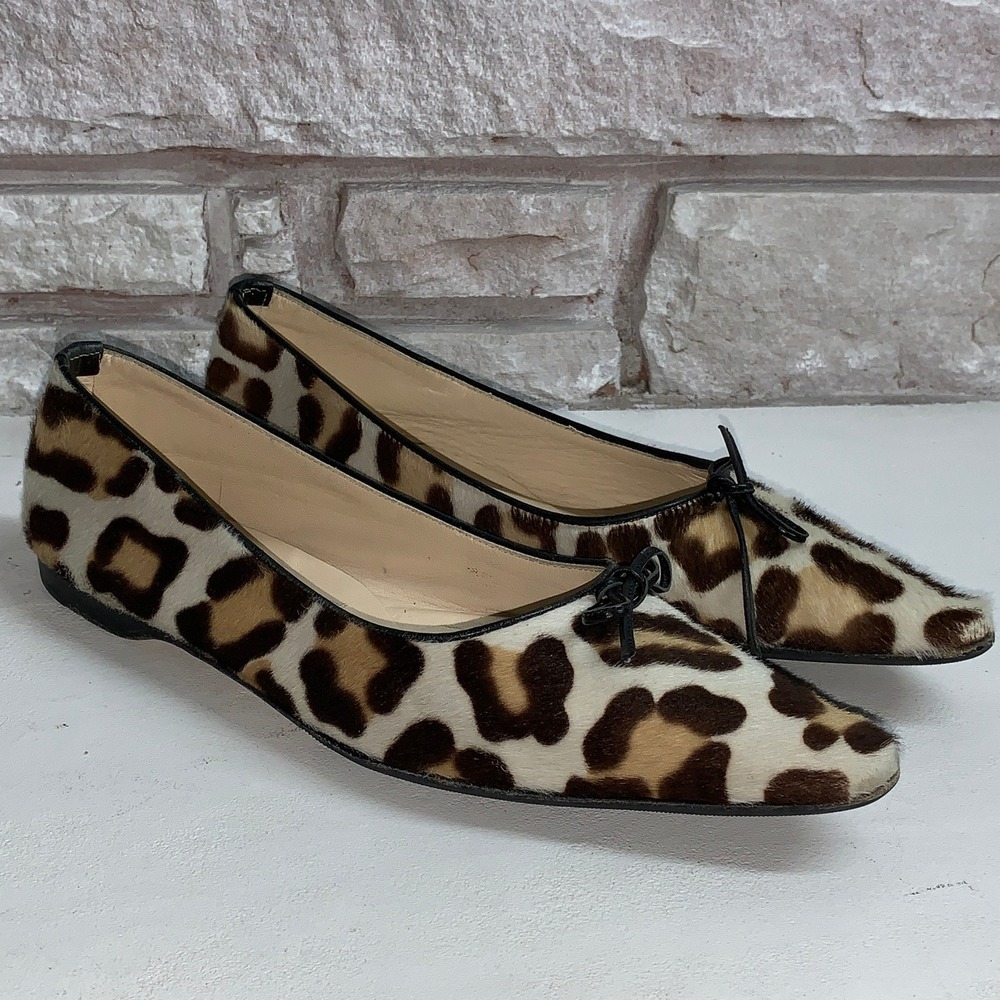 Emma Hope Leopard Calf Hair Pointed Toe Ballet Flats Bow Accent Size 37.5 Italy